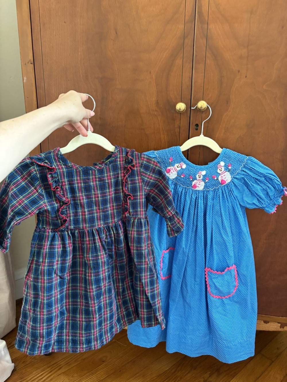 Blue Polka Dot Girls' Casual Dress with Snowman Smocking